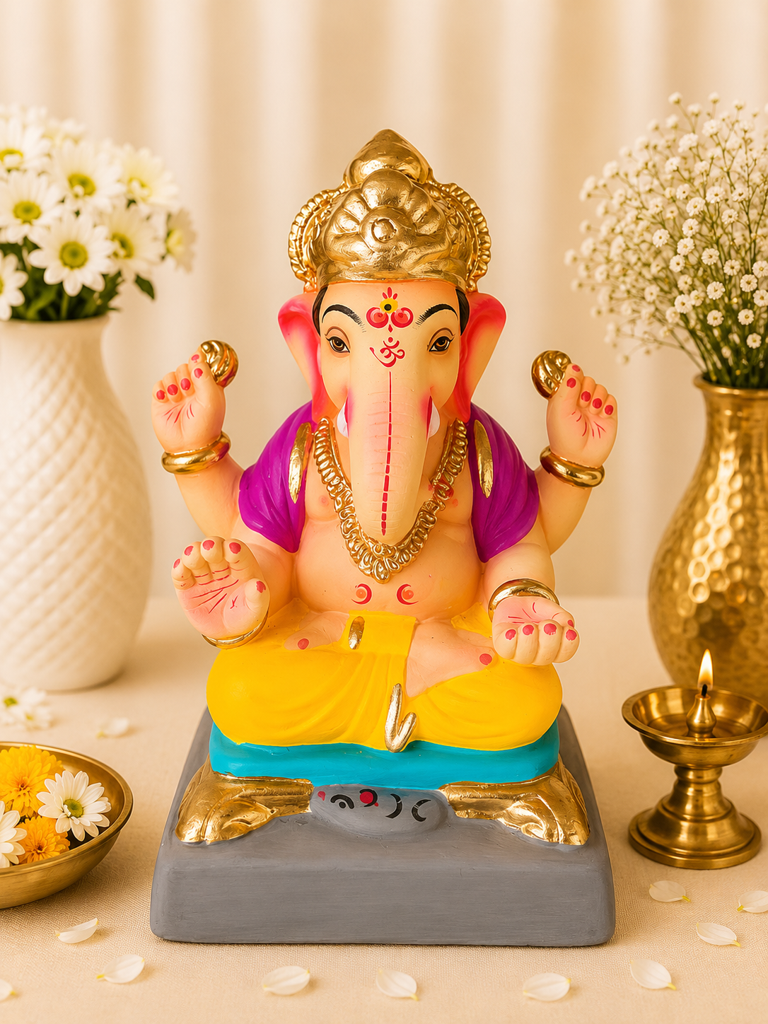 Chourang Ganesh Yellow Dark Pink - 9 inch