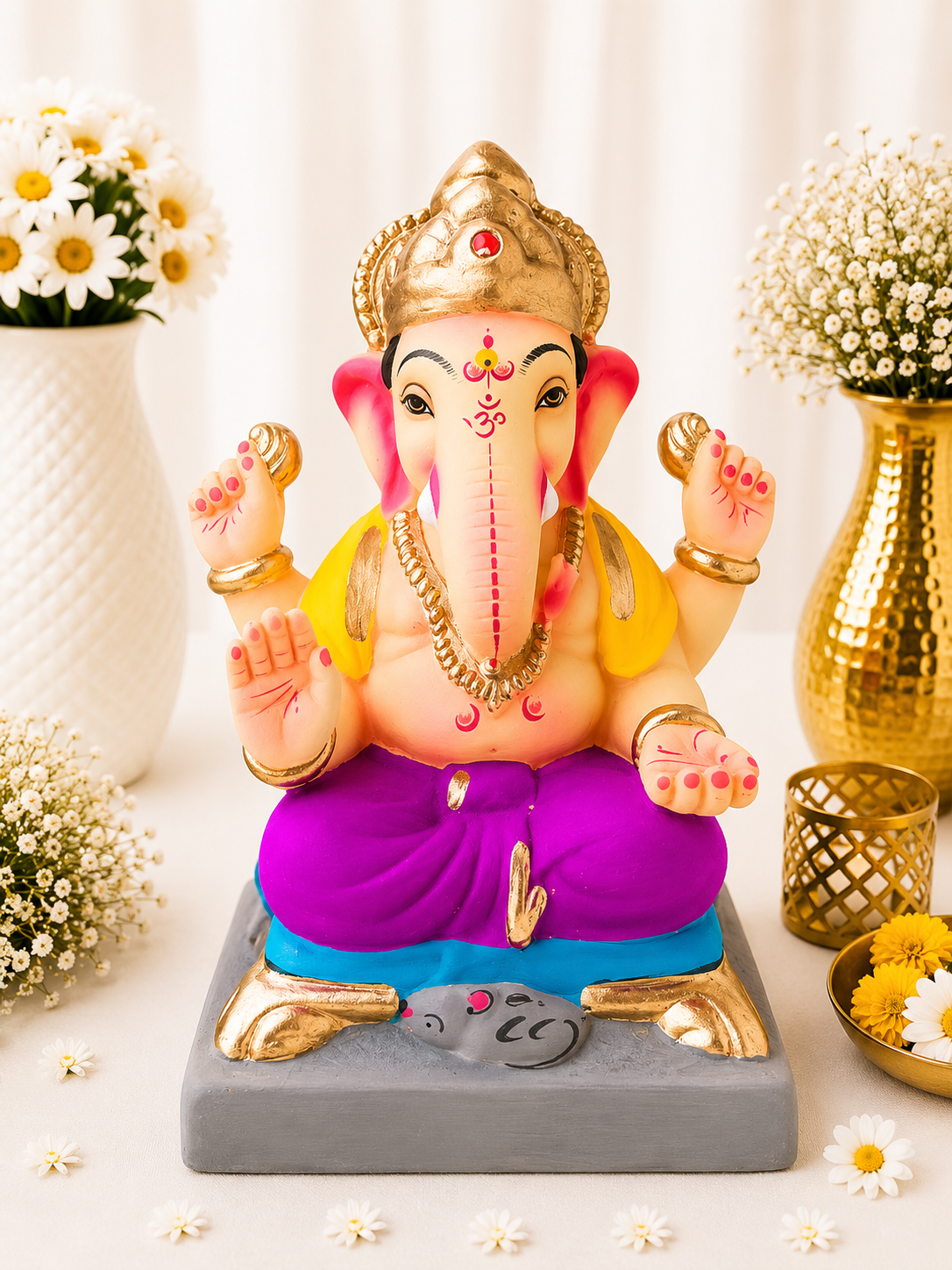 Chourang Ganesh Pink Yellow - 9 inch