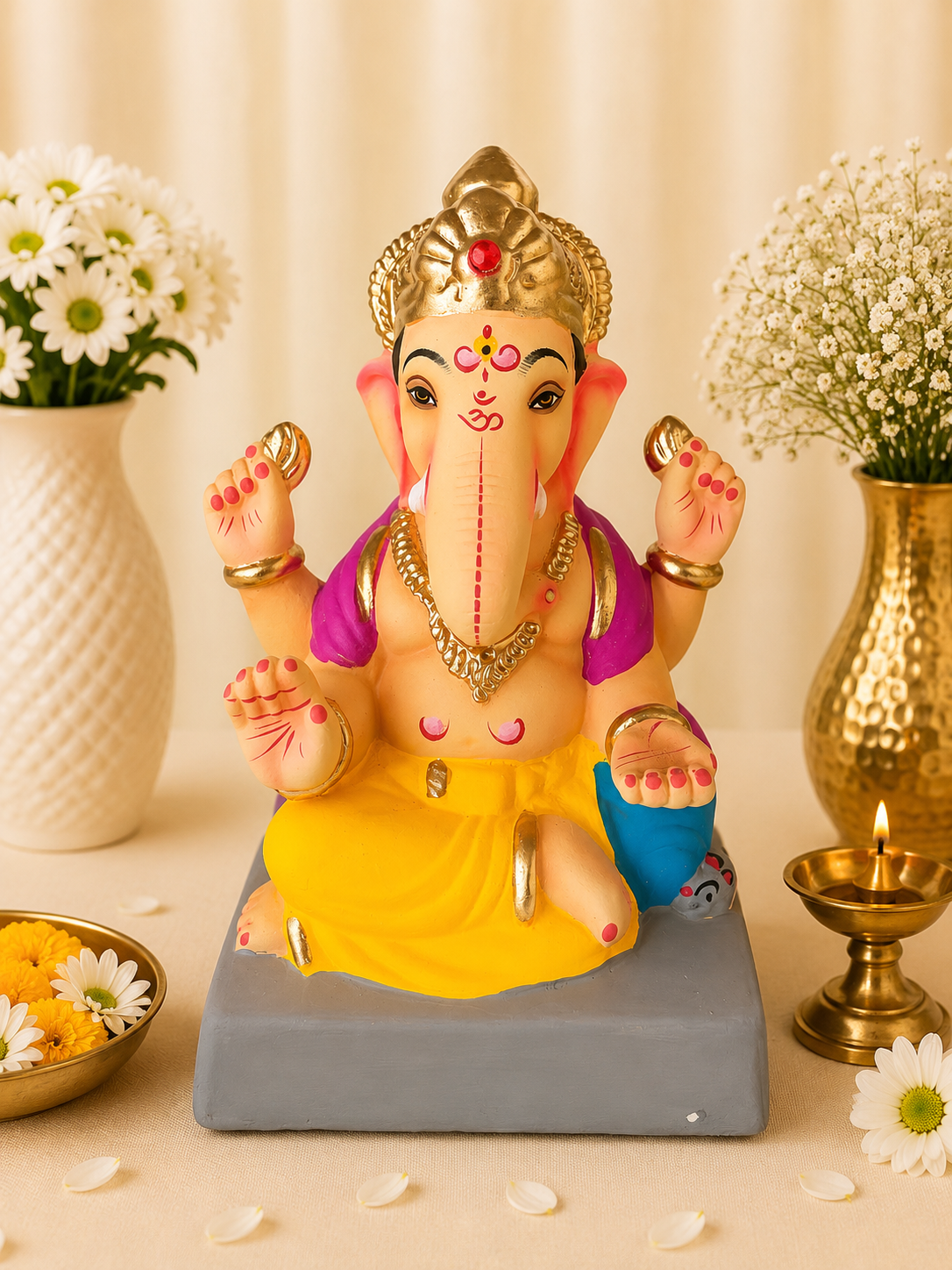 Shivalkar Ganesh Yellow Dark Pink - 9 inch