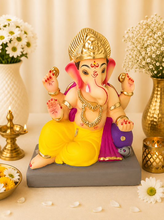 Peshwai Ganesh Yellow Dark Pink - 9 inch