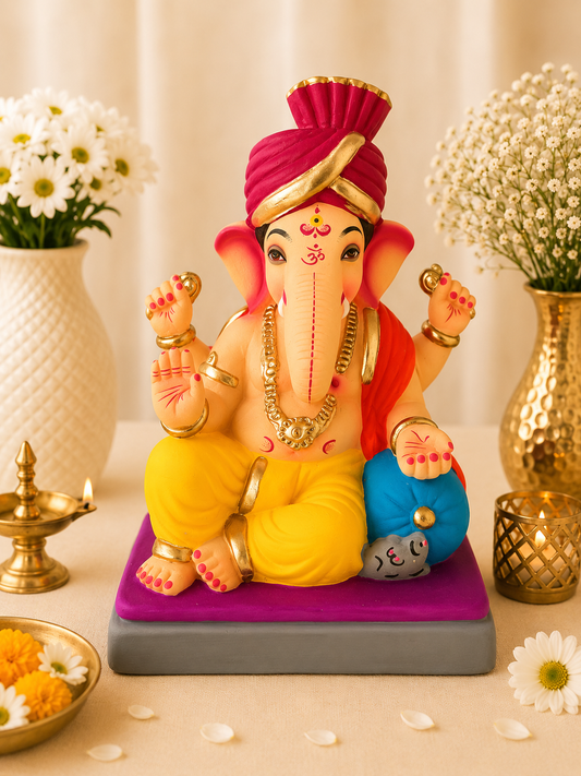 Peshwai Pheta Ganesh Yellow Dark Pink - 9 inch