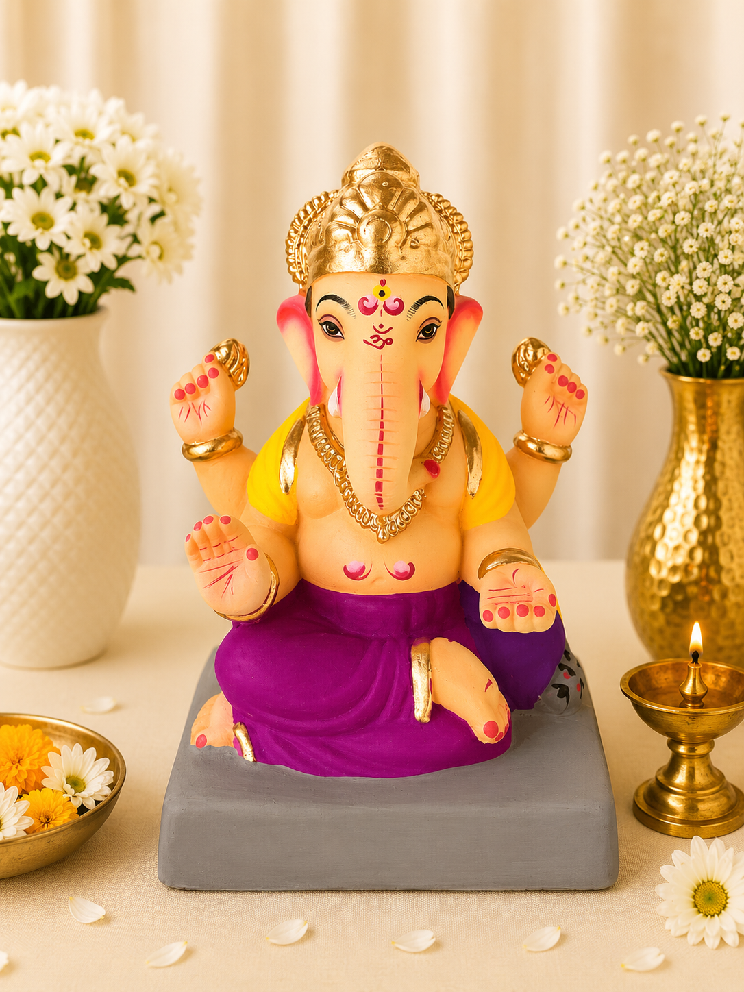 Shivalkar Ganesh Dark Pink Yellow - 9 inch