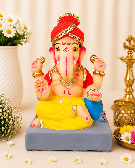 Pagdi Ganesh Yellow Red - 9 inch